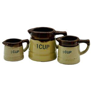Vintage Stoneware Crock‎ Pitcher Measuring Cup Set of 3 Brown Drip Redware